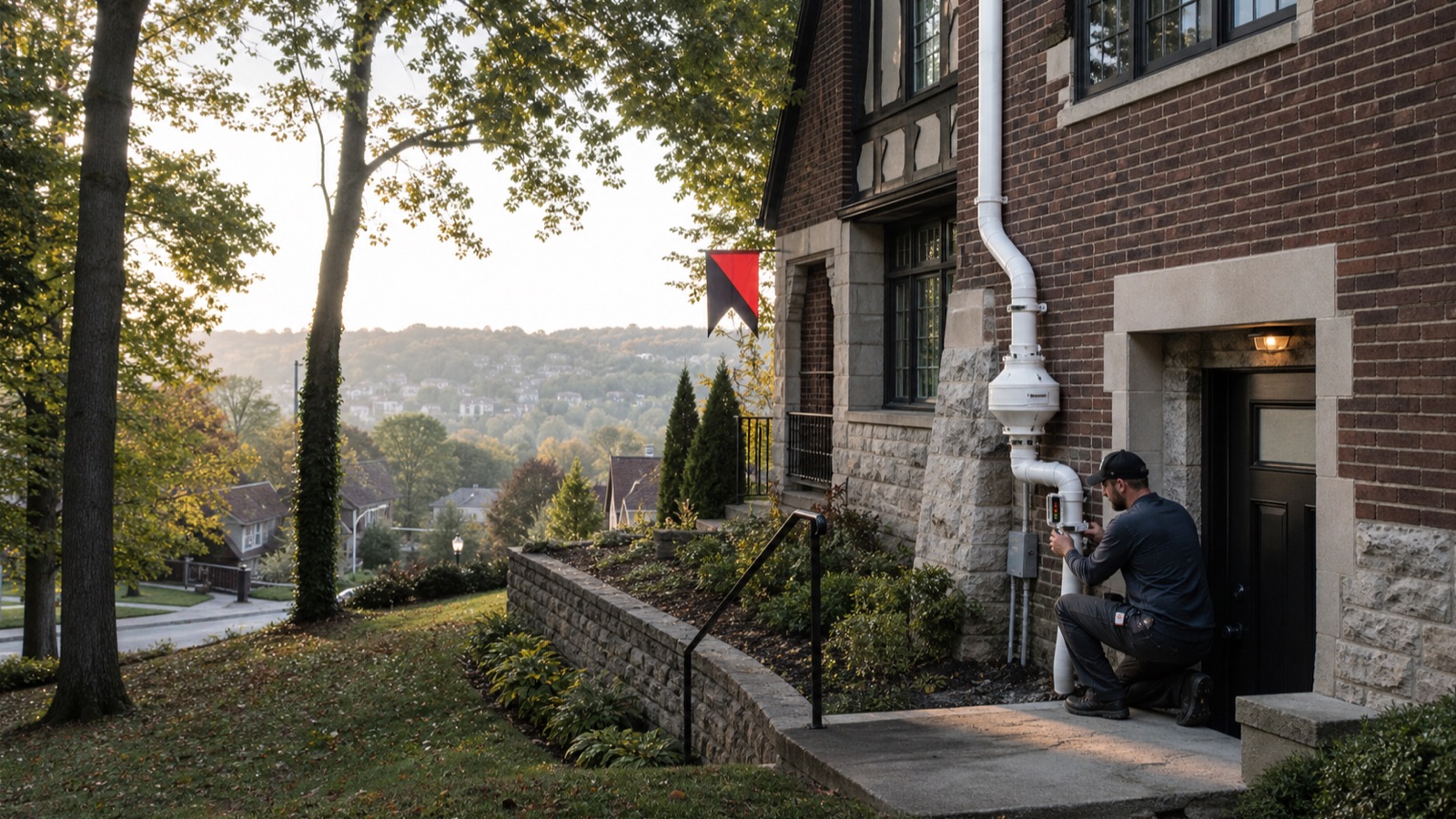 Radon technician inspecting an exterior mitigation system on a brick Tudor home overlooking a wooded Cincinnati hillside